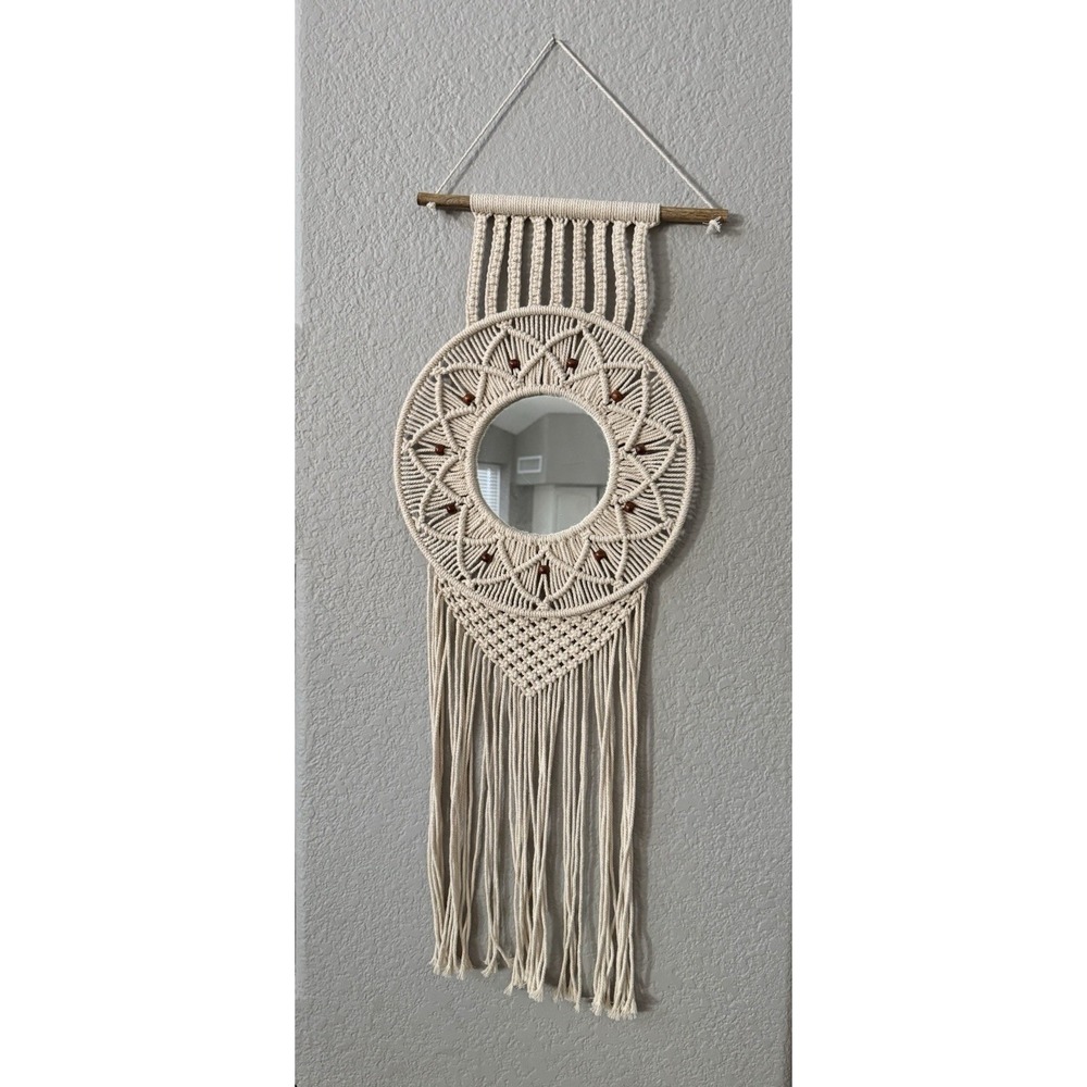 Macrame Wall Hanging With Mirror 38" Boho Wooden Bead Fringe